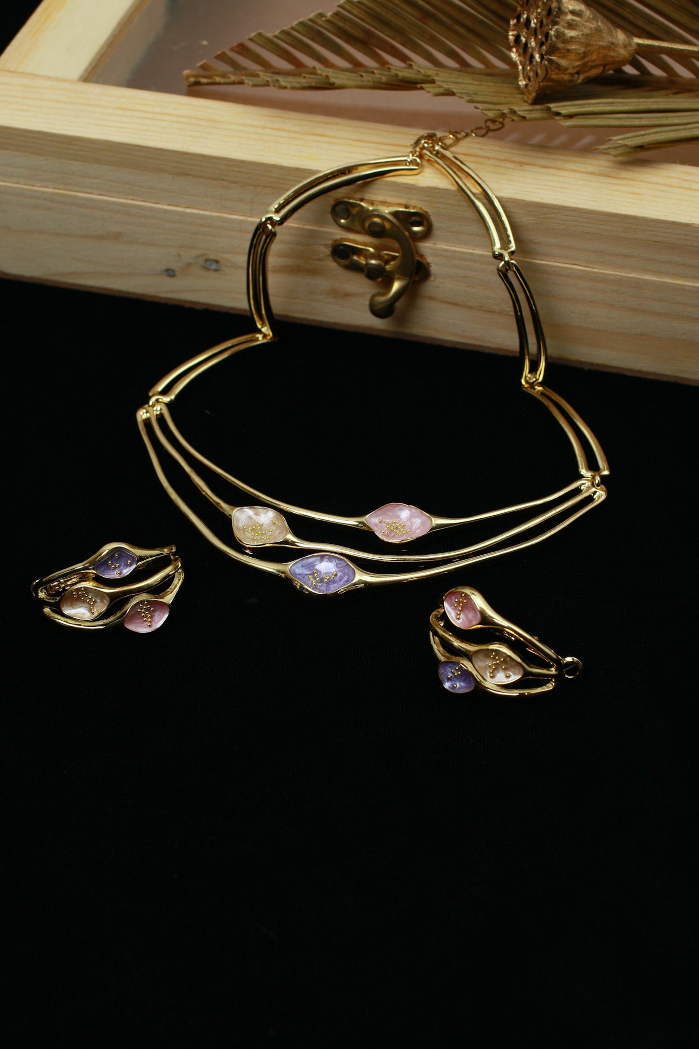 Gold Plated Modern Triple‑Layer Collar Necklace Set with Pastel AD Stones | Anti‑Tarnish - Maxiblink