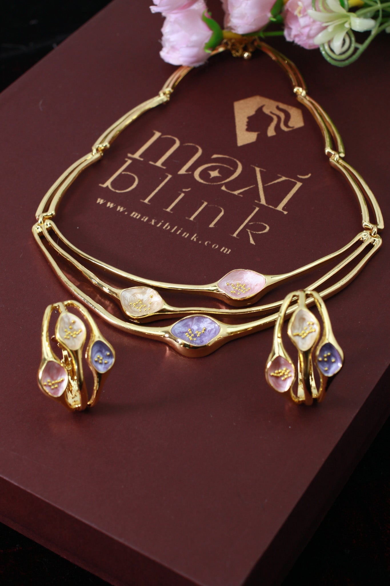 Gold Plated Modern Triple‑Layer Collar Necklace Set with Pastel AD Stones | Anti‑Tarnish - Maxiblink