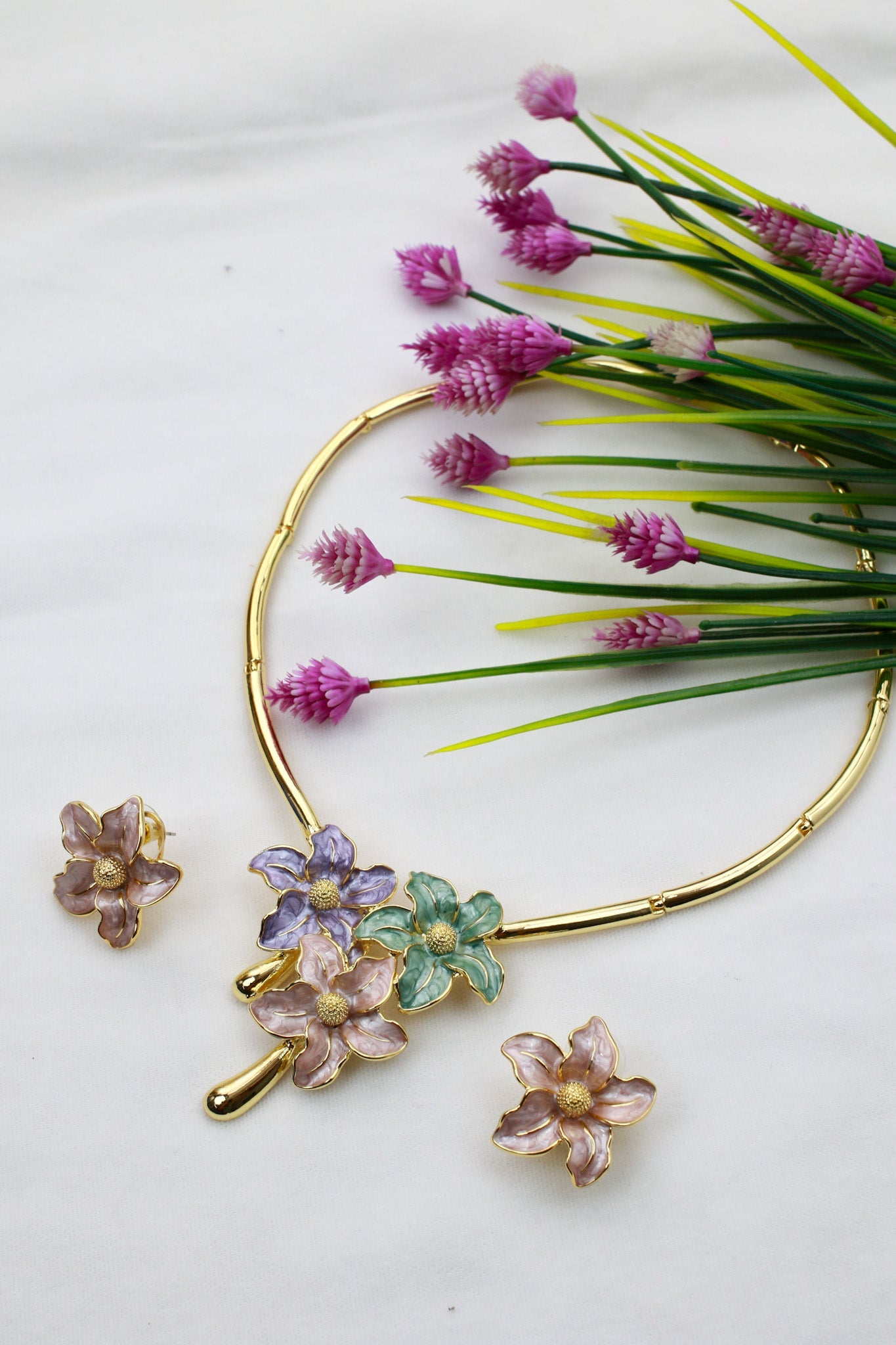 Gold Plated Multi‑Colour Floral Enamel Necklace Set | Pastel Flowers | Anti‑Tarnish - Maxiblink