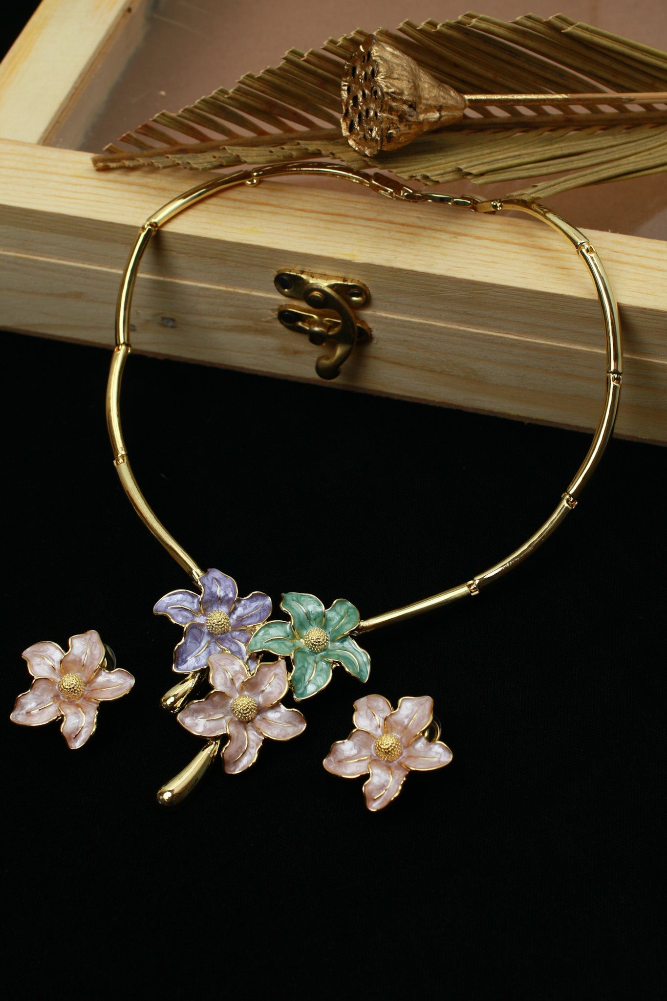 Gold Plated Multi‑Colour Floral Enamel Necklace Set | Pastel Flowers | Anti‑Tarnish - Maxiblink