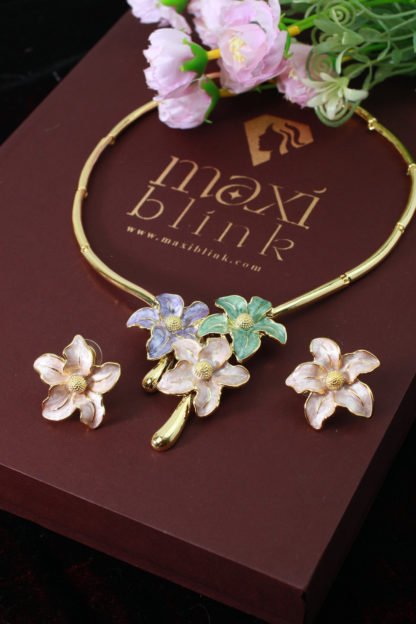 Gold Plated Multi‑Colour Floral Enamel Necklace Set | Pastel Flowers | Anti‑Tarnish - Maxiblink