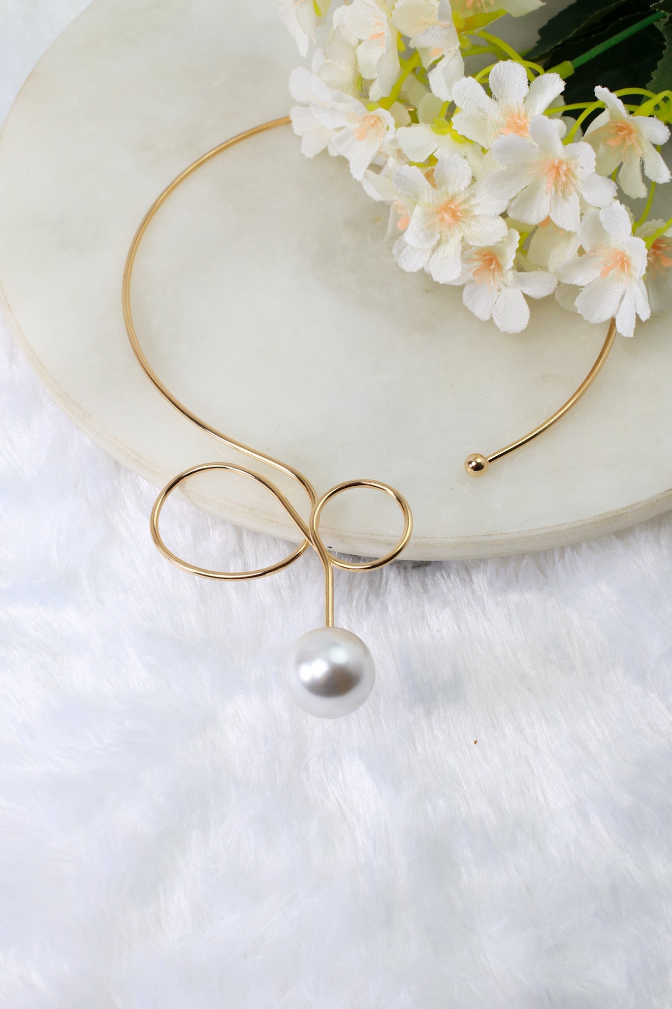 Gold Plated Open Collar Designer Necklace with Large Pearl Drop | Minimal Sculptural Hansli | Anti‑Tarnish - Maxiblink