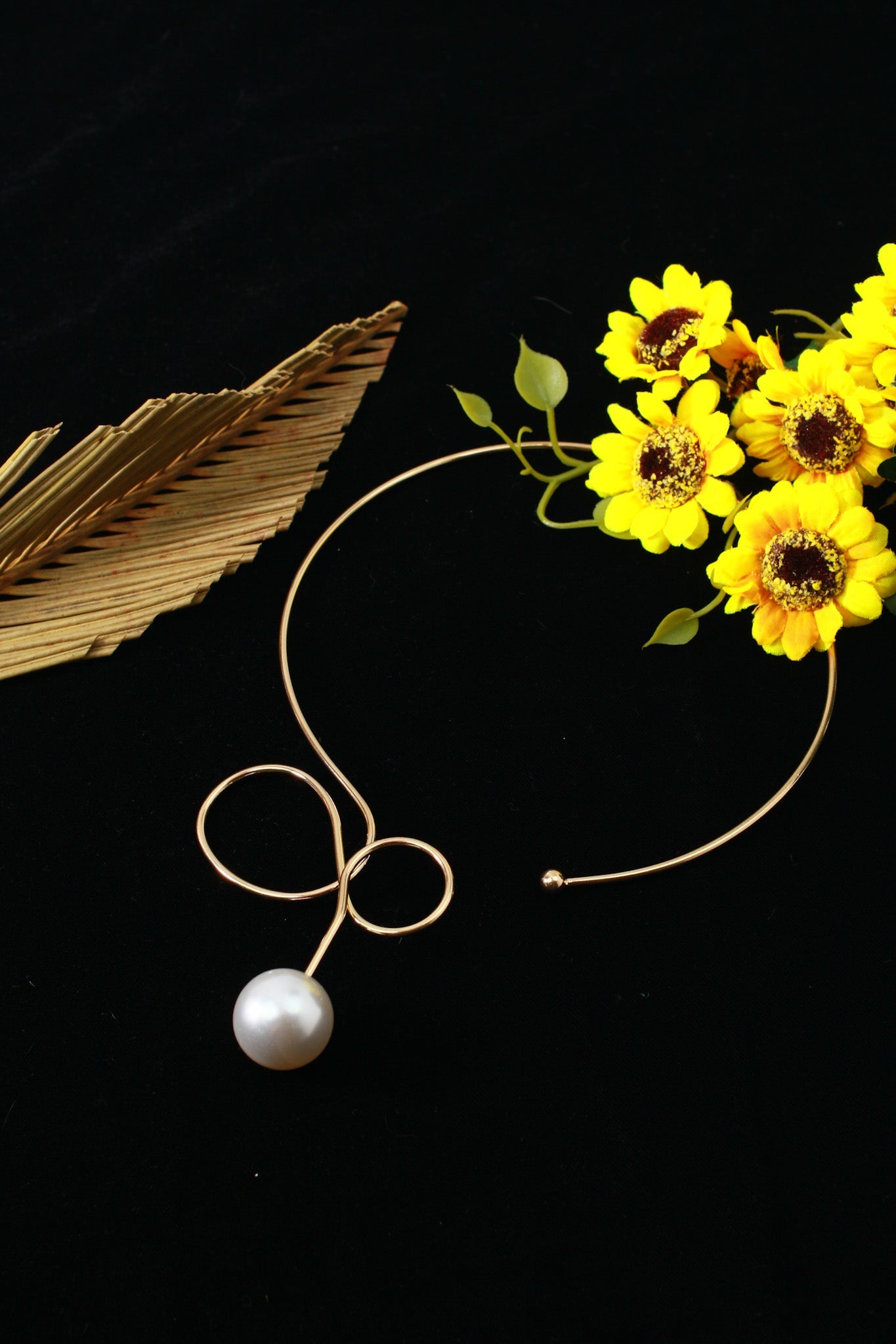 Gold Plated Open Collar Designer Necklace with Large Pearl Drop | Minimal Sculptural Hansli | Anti‑Tarnish - Maxiblink
