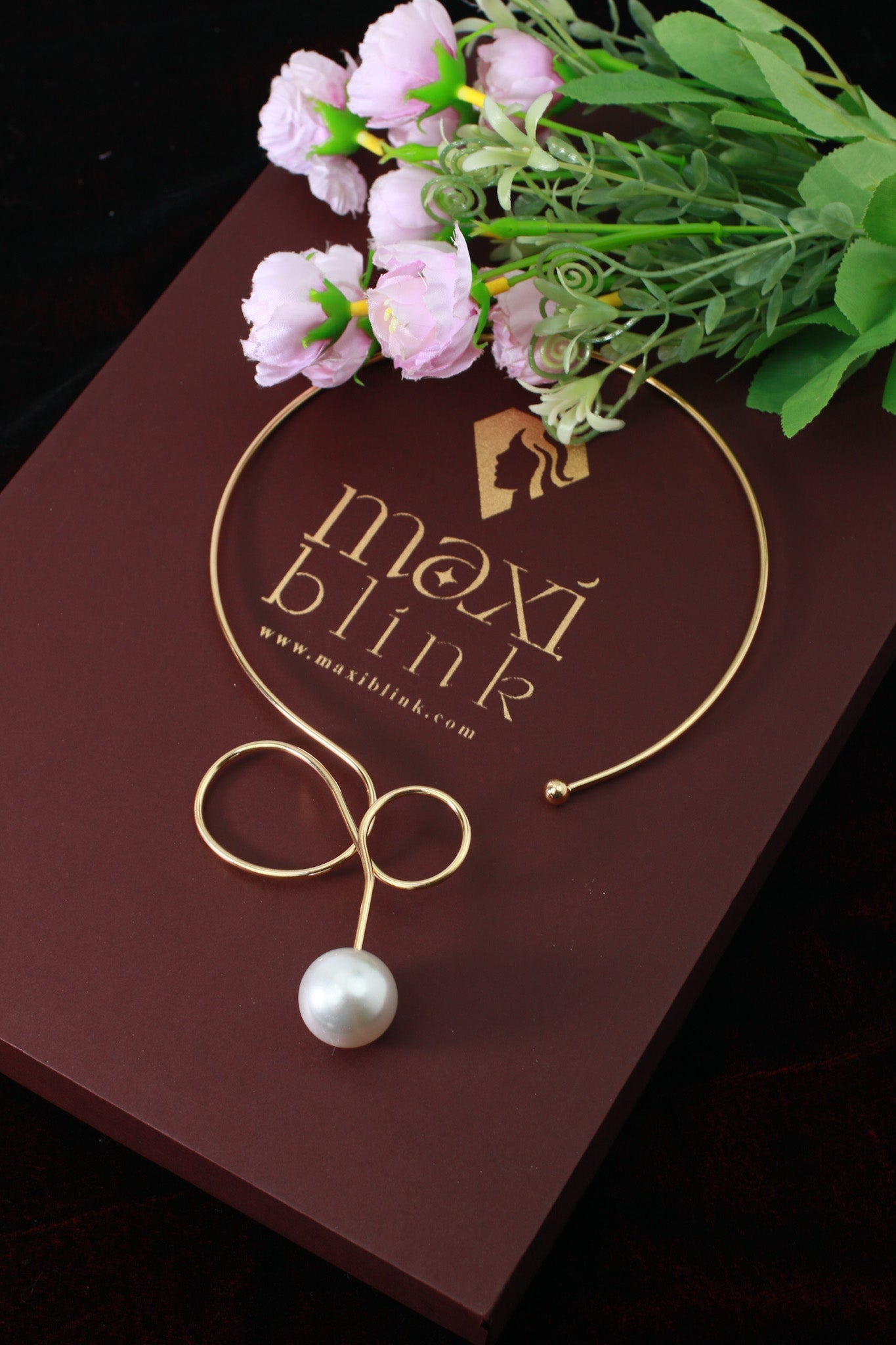 Gold Plated Open Collar Designer Necklace with Large Pearl Drop | Minimal Sculptural Hansli | Anti‑Tarnish - Maxiblink