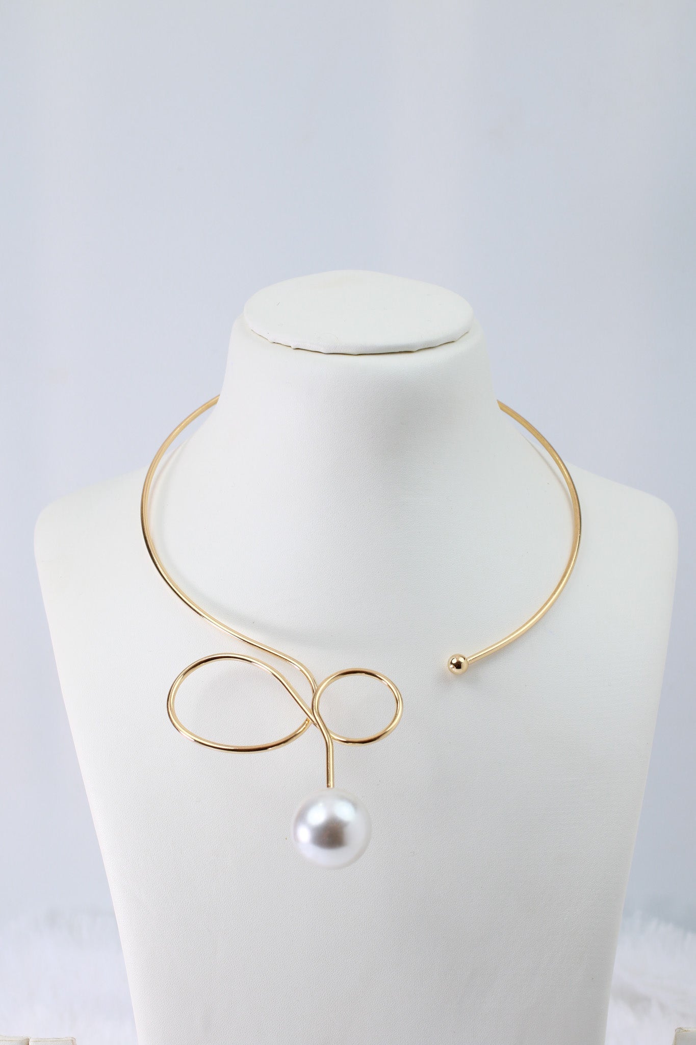 Gold Plated Open Collar Designer Necklace with Large Pearl Drop | Minimal Sculptural Hansli | Anti‑Tarnish - Maxiblink