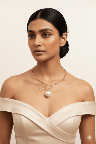 Gold Plated Open Collar Designer Necklace with Large Pearl Drop | Minimal Sculptural Hansli | Anti‑Tarnish - Maxiblink