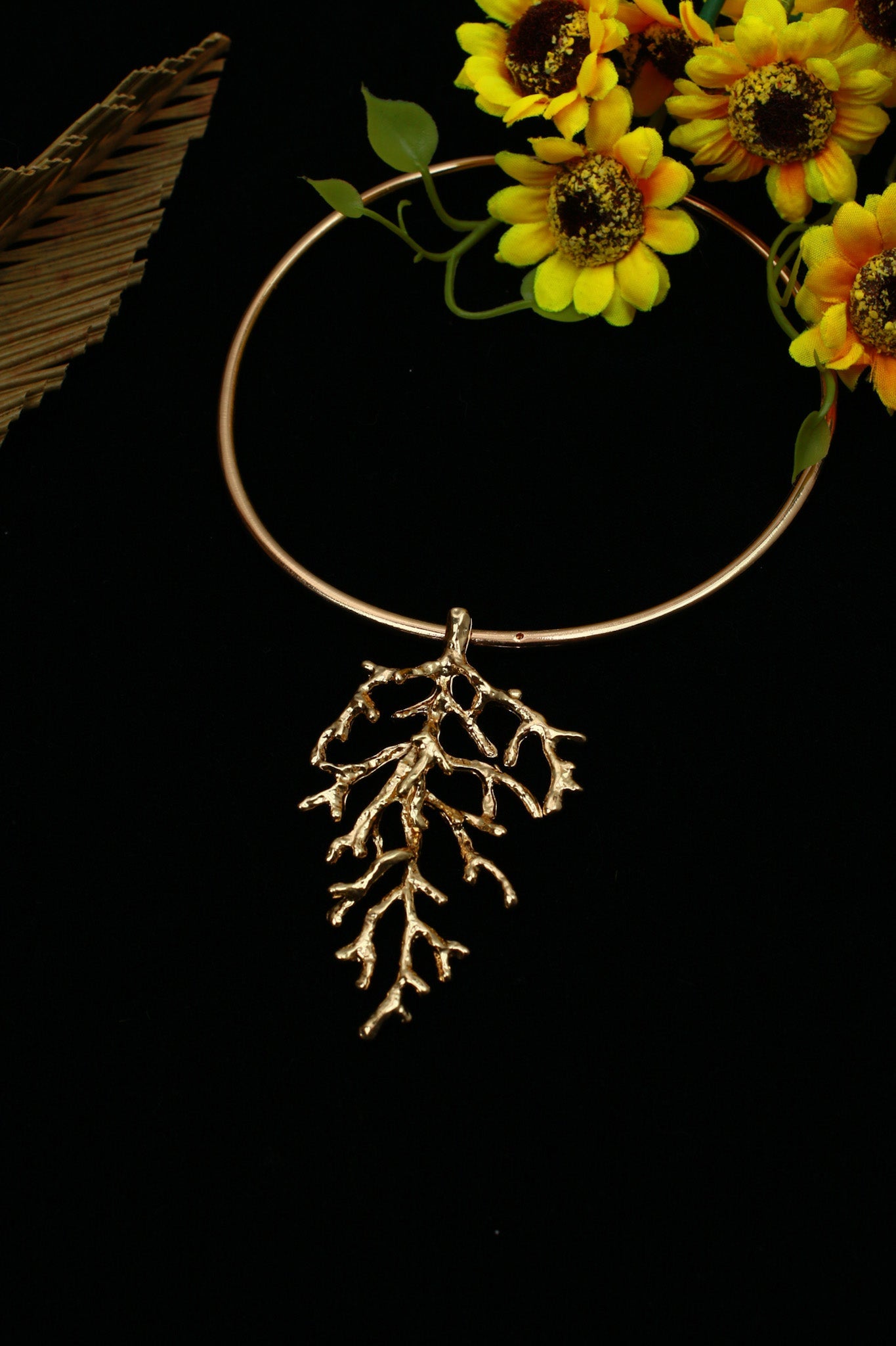 Gold Plated Organic Leaf Branch Pendant Hansli Necklace | Nature Inspired | Anti‑Tarnish - Maxiblink