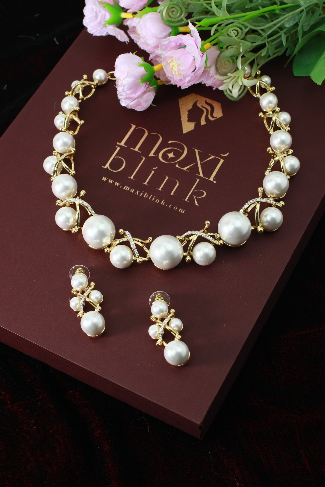 Gold Plated Pearl Cluster AD Necklace Set | Classic White Pearls | Anti‑Tarnish - Maxiblink