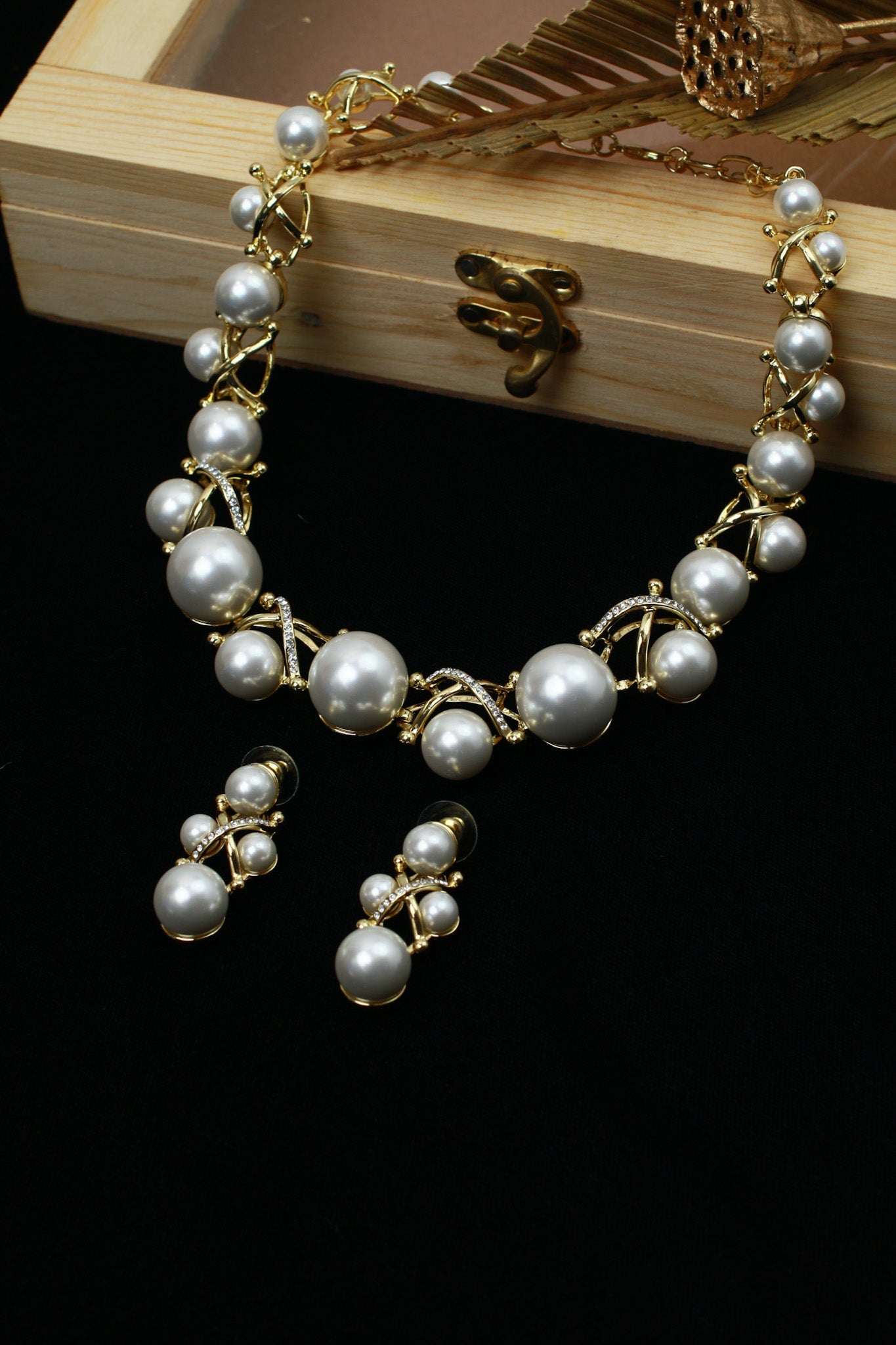 Gold Plated Pearl Cluster AD Necklace Set | Classic White Pearls | Anti‑Tarnish - Maxiblink