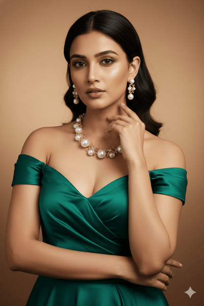 Gold Plated Pearl Cluster AD Necklace Set | Classic White Pearls | Anti‑Tarnish - Maxiblink