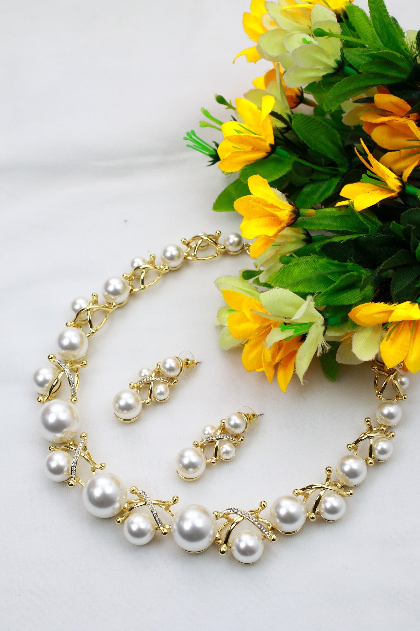 Gold Plated Pearl Cluster AD Necklace Set | Classic White Pearls | Anti‑Tarnish - Maxiblink