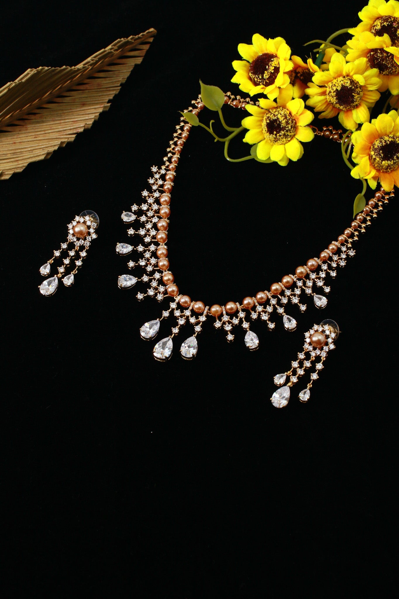 Gold Plated Pearl & Teardrop AD Stones Necklace Set | Bridal Cascading Design | Anti‑Tarnish - Maxiblink