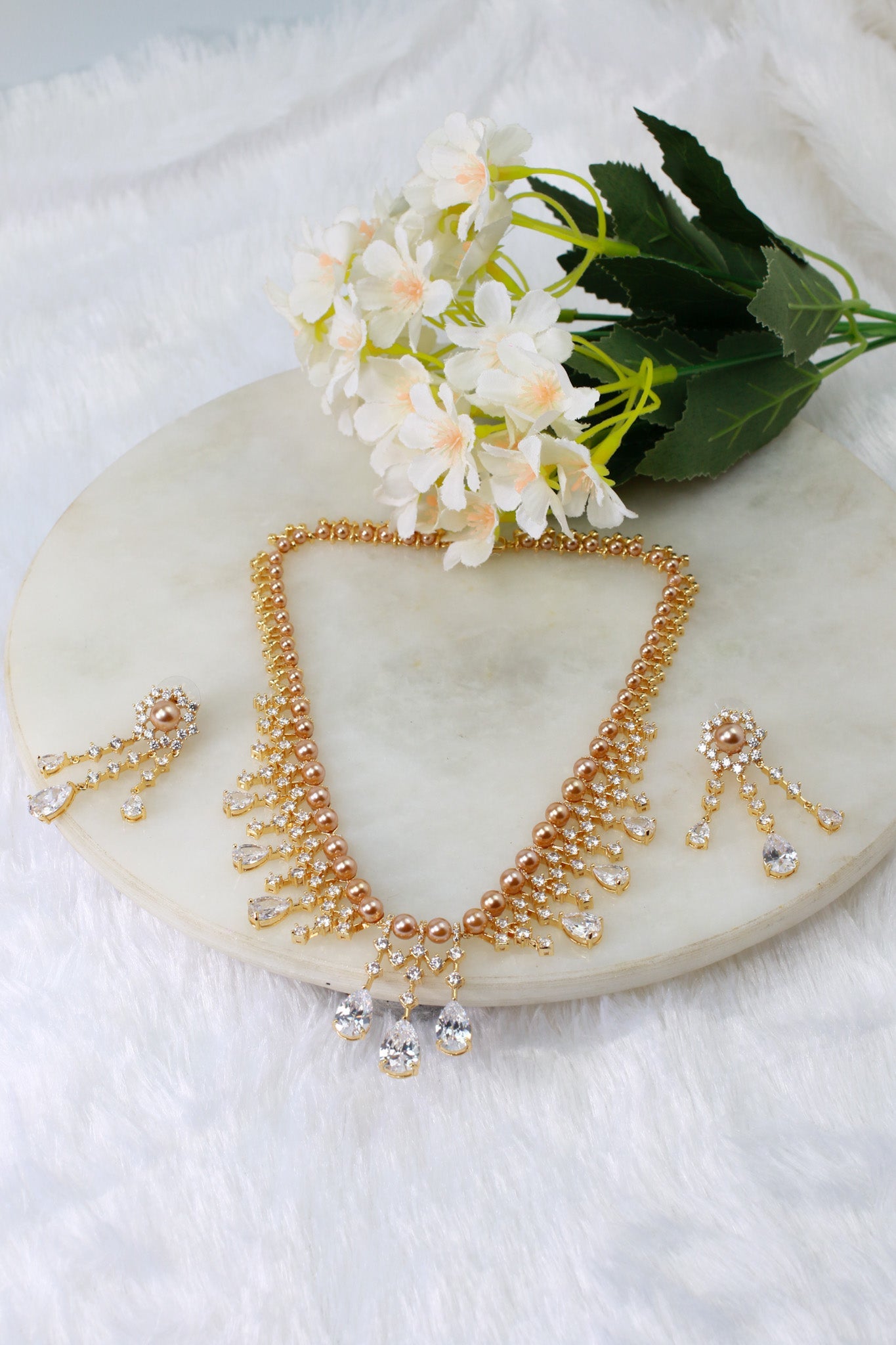 Gold Plated Pearl & Teardrop AD Stones Necklace Set | Bridal Cascading Design | Anti‑Tarnish - Maxiblink