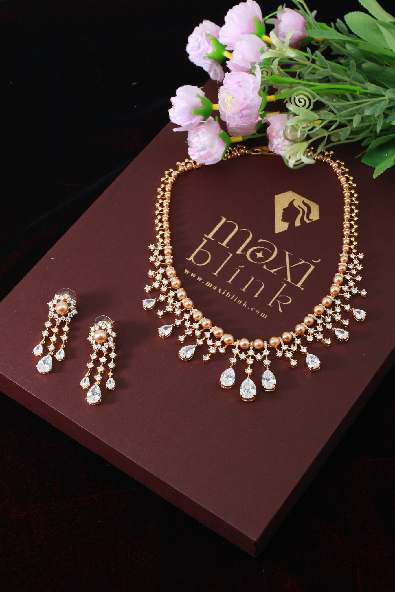 Gold Plated Pearl & Teardrop AD Stones Necklace Set | Bridal Cascading Design | Anti‑Tarnish - Maxiblink