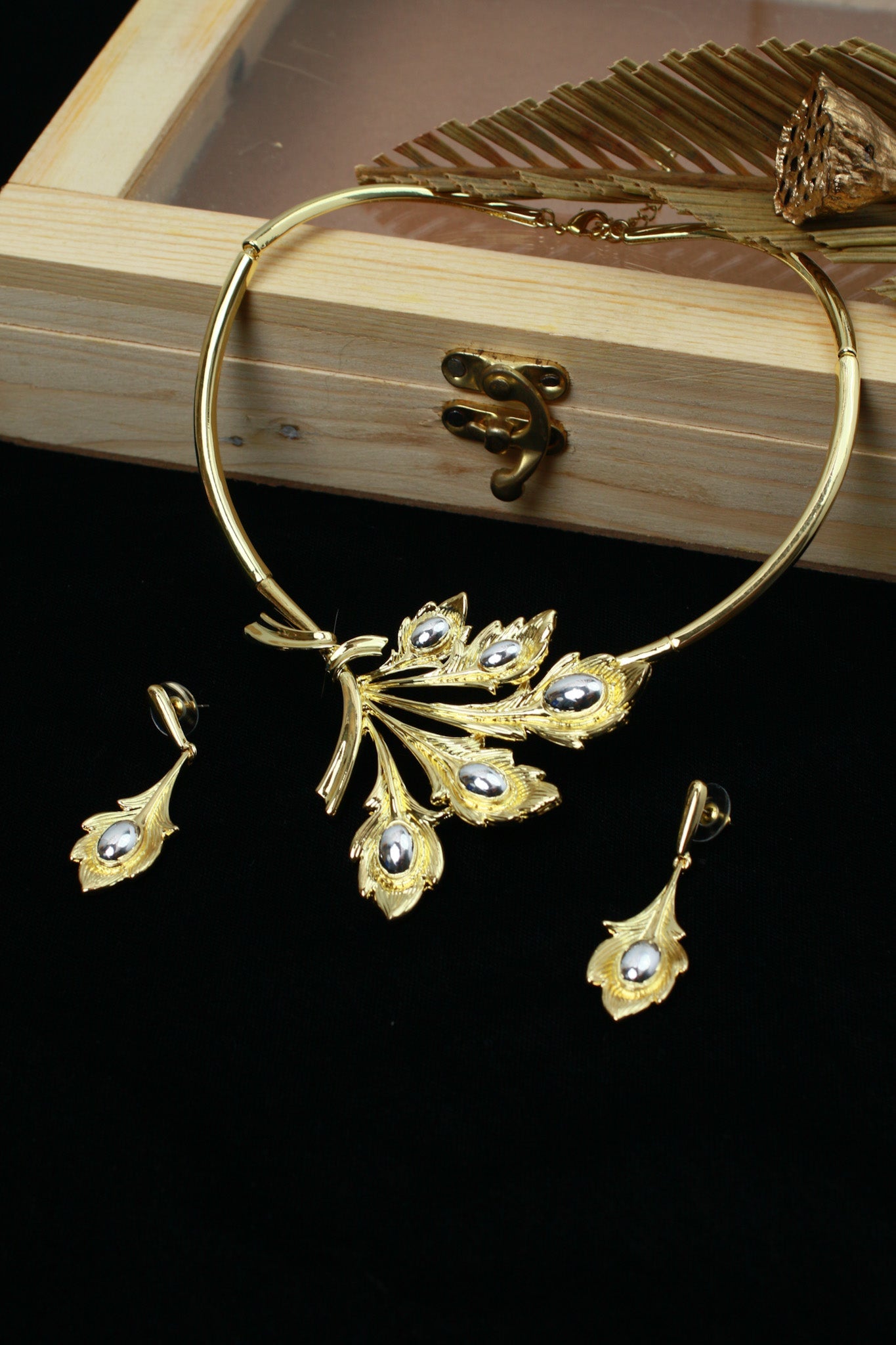Gold Plated Petal Cluster Necklace Set with Silver‑Tone Bead Accents | Anti‑Tarnish - Maxiblink