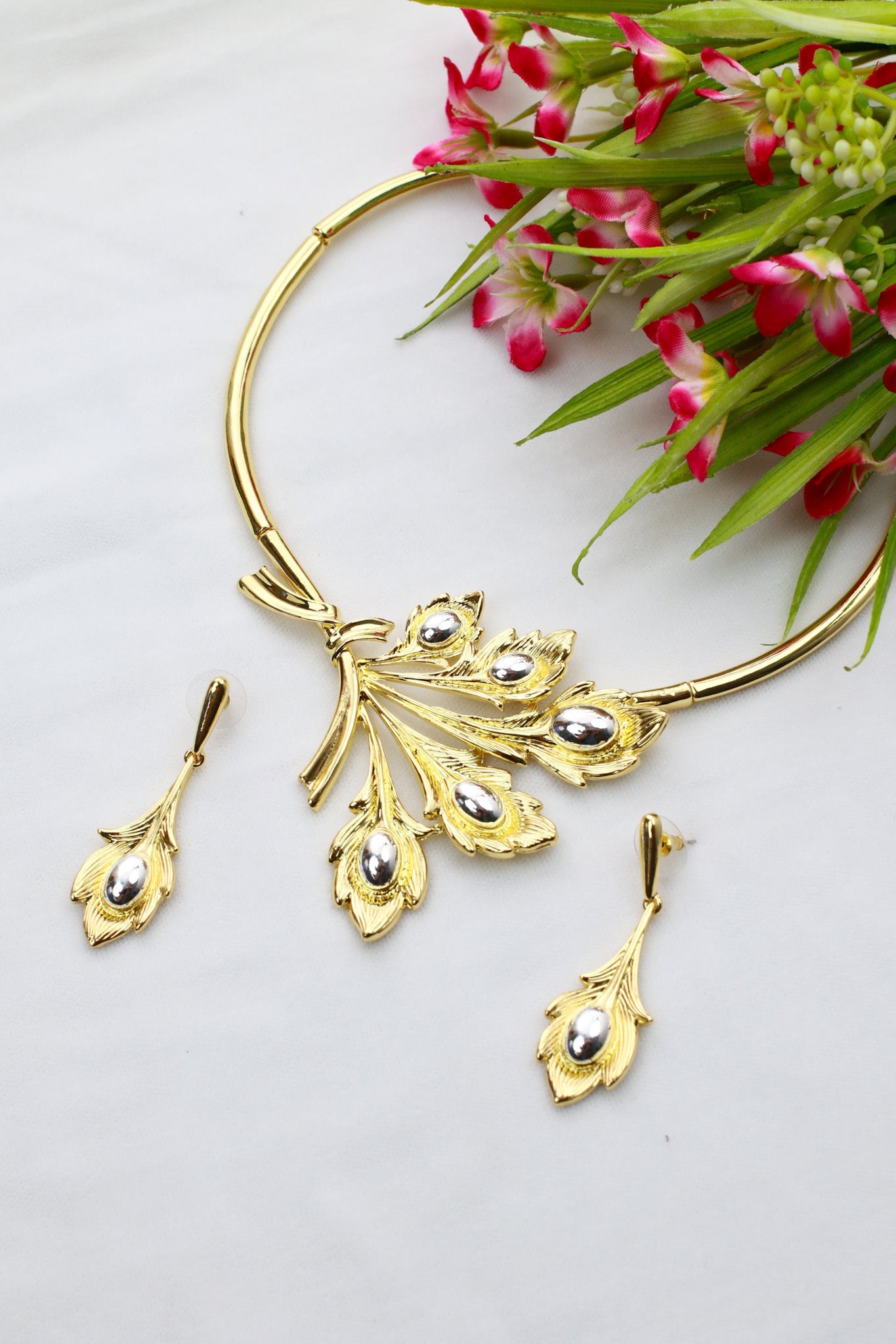 Gold Plated Petal Cluster Necklace Set with Silver‑Tone Bead Accents | Anti‑Tarnish - Maxiblink