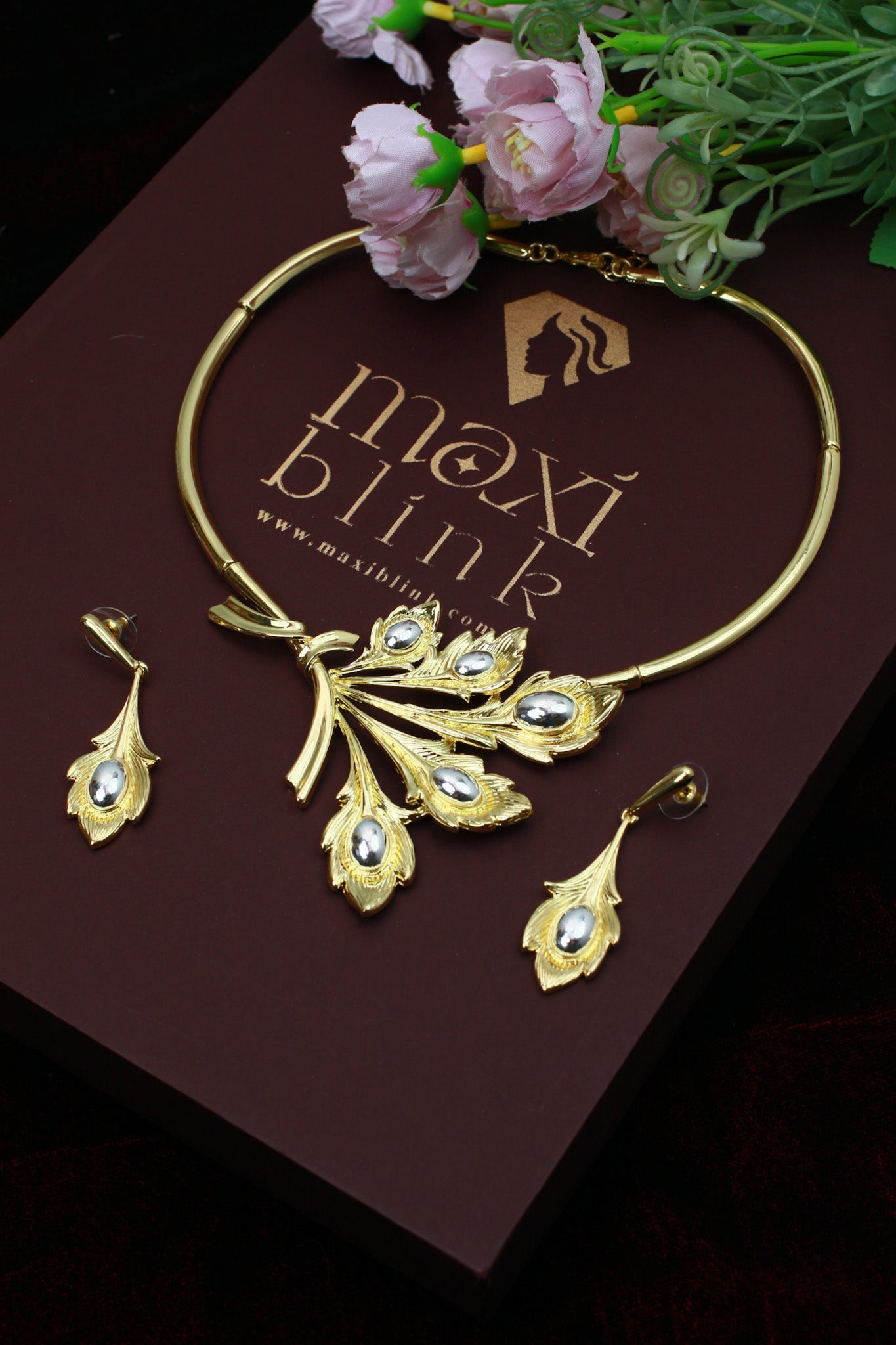 Gold Plated Petal Cluster Necklace Set with Silver‑Tone Bead Accents | Anti‑Tarnish - Maxiblink