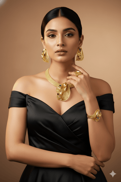 Gold Plated Shell‑Leaf Motif AD Jewellery Set with Coloured Stones (Necklace, Earrings, Ring) | Anti‑Tarnish - Maxiblink