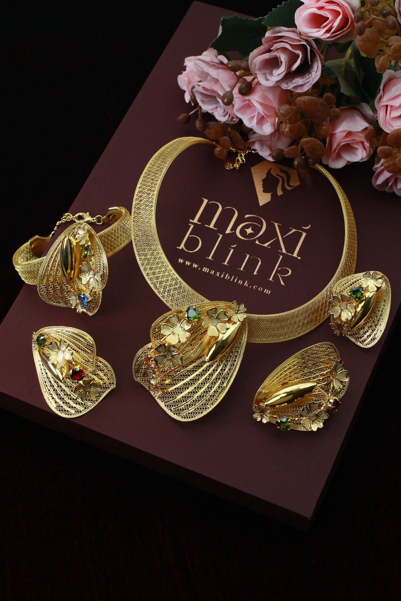 Gold Plated Shell‑Leaf Motif AD Jewellery Set with Coloured Stones (Necklace, Earrings, Ring) | Anti‑Tarnish - Maxiblink