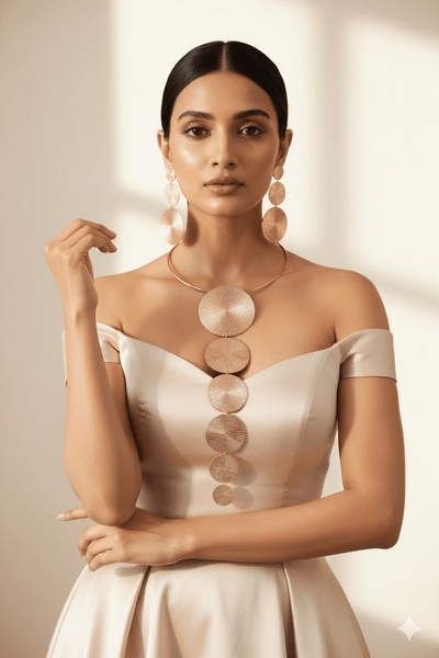 Gold Plated Textured Coin Disc Jewellery Set (Necklace, Earrings) | Statement Layered Circles | Anti‑Tarnish - Maxiblink