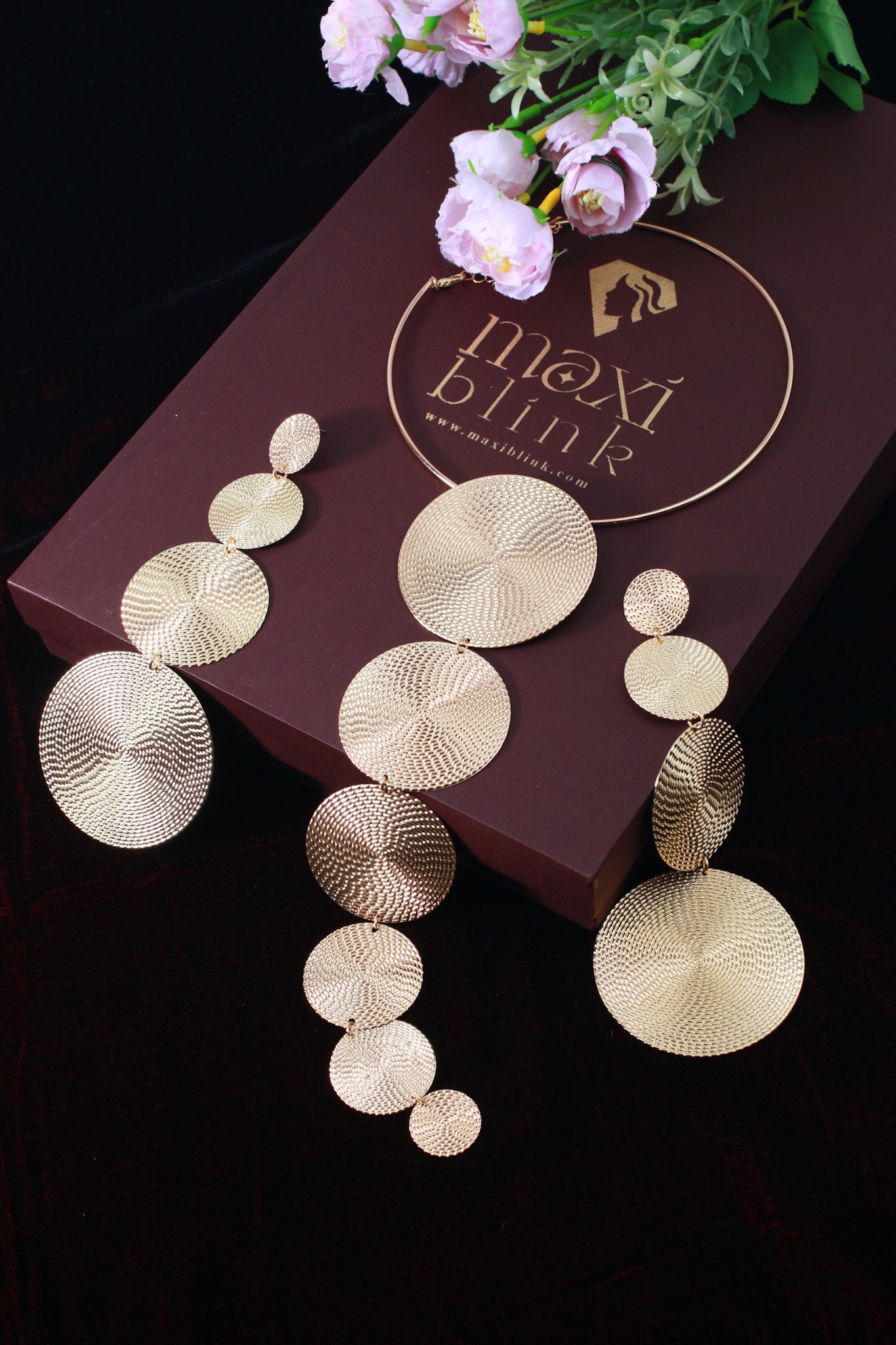Gold Plated Textured Coin Disc Jewellery Set (Necklace, Earrings) | Statement Layered Circles | Anti‑Tarnish - Maxiblink