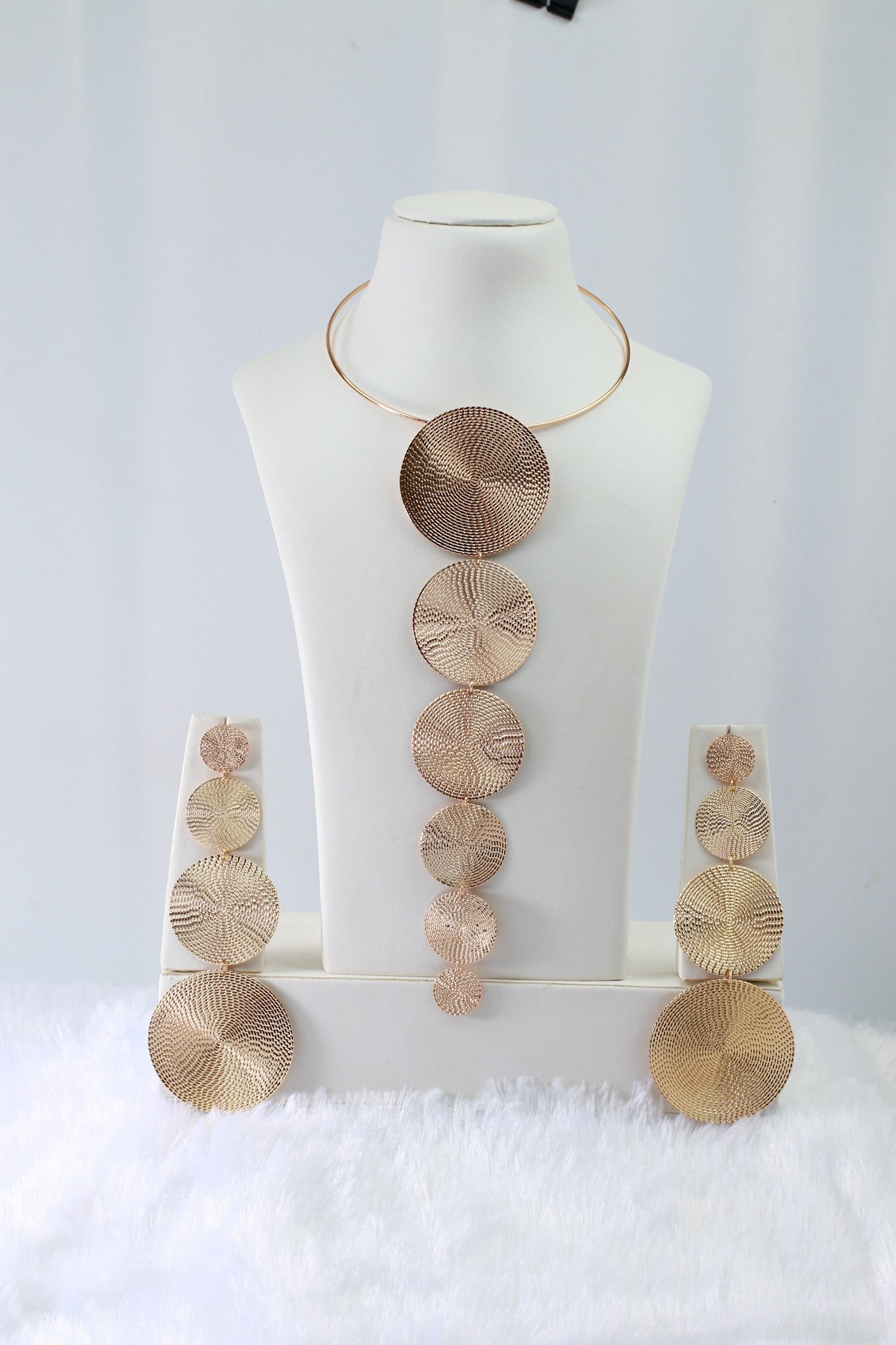 Gold Plated Textured Coin Disc Jewellery Set (Necklace, Earrings) | Statement Layered Circles | Anti‑Tarnish - Maxiblink