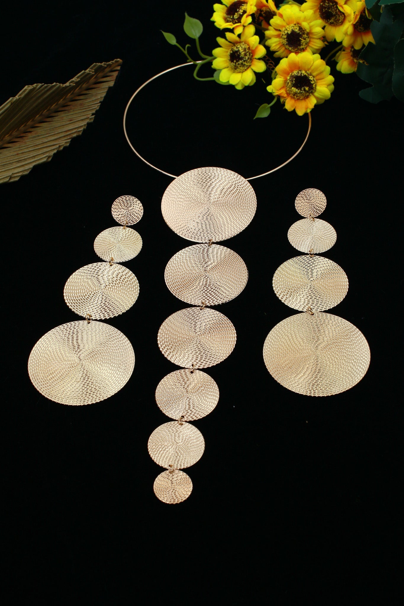 Gold Plated Textured Coin Disc Jewellery Set (Necklace, Earrings) | Statement Layered Circles | Anti‑Tarnish - Maxiblink