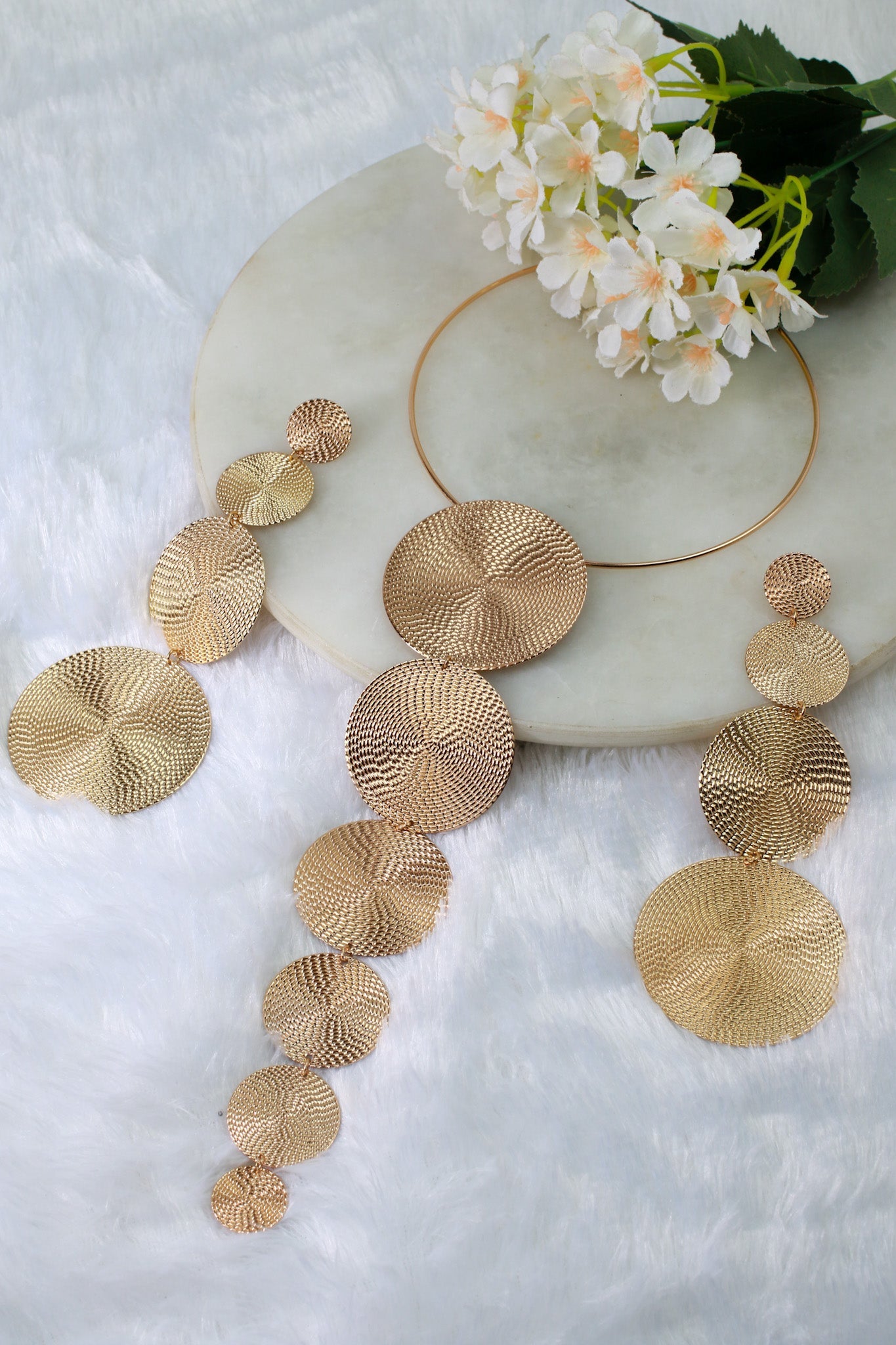 Gold Plated Textured Coin Disc Jewellery Set (Necklace, Earrings) | Statement Layered Circles | Anti‑Tarnish - Maxiblink