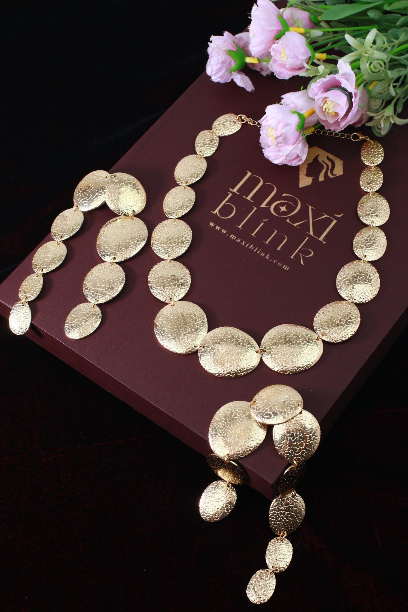 Gold Plated Textured Round Disc Necklace with Matching Earrings | Minimal Coin Motif Set | Anti‑Tarnish - Maxiblink