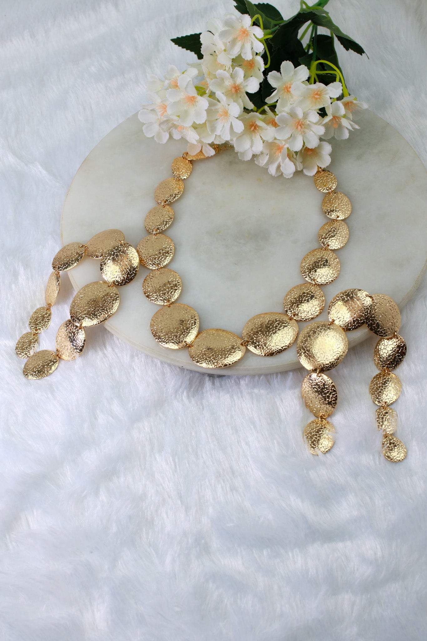 Gold Plated Textured Round Disc Necklace with Matching Earrings | Minimal Coin Motif Set | Anti‑Tarnish - Maxiblink