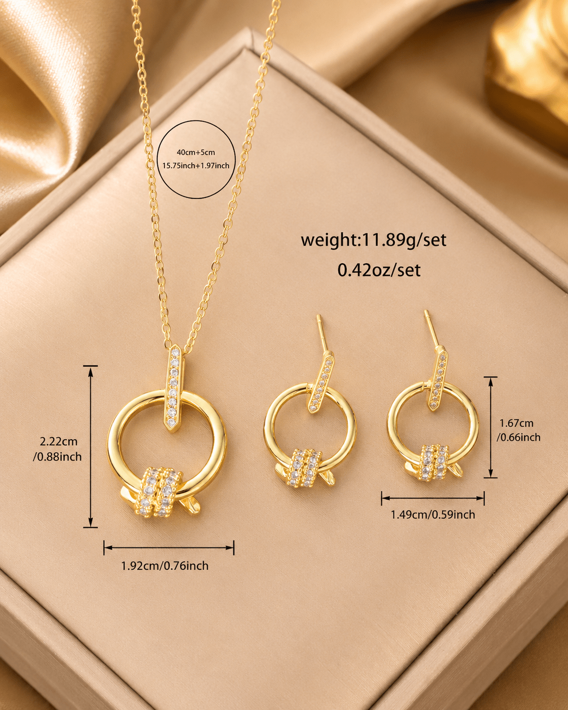 Gold Ring Pendant Necklace & Earring Set