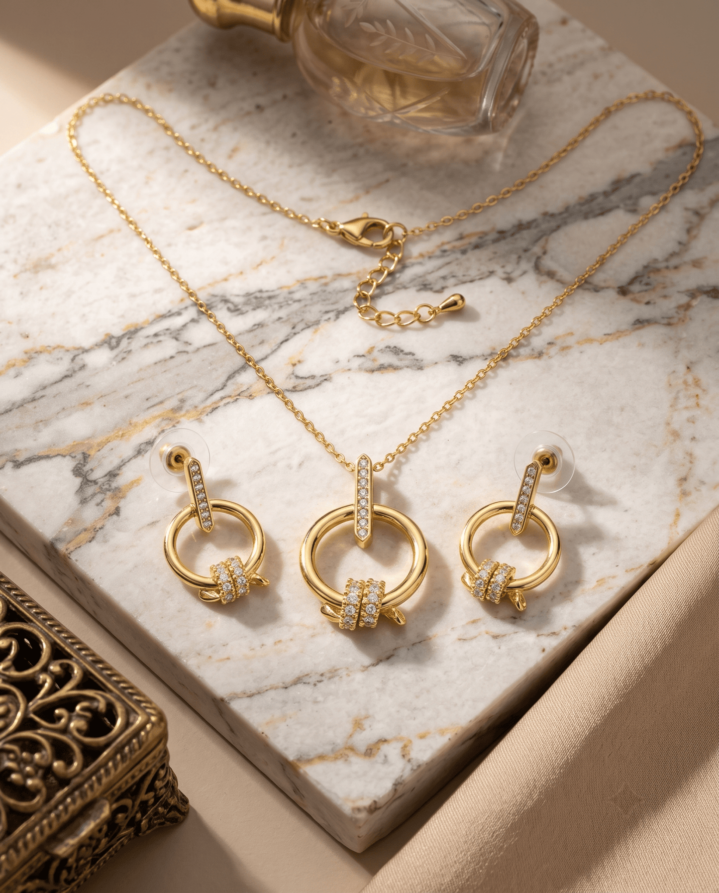 Gold Ring Pendant Necklace & Earring Set
