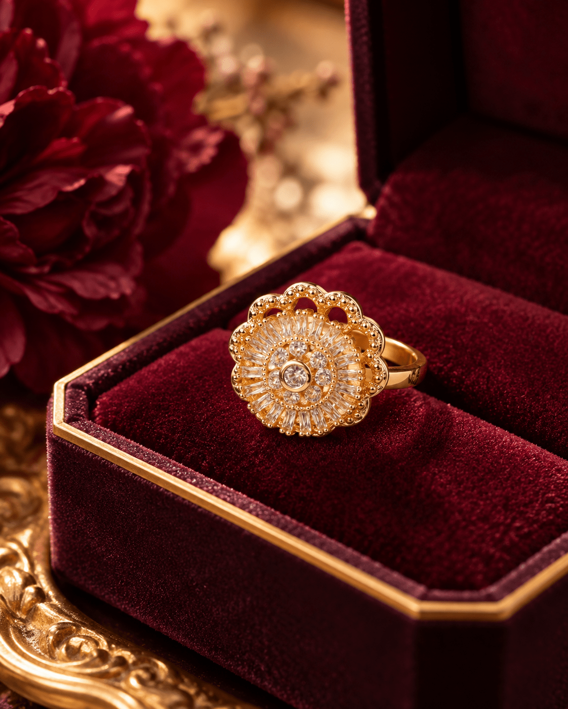 Gold Scalloped Baguette Sunburst Spinner Ring - Maxiblink