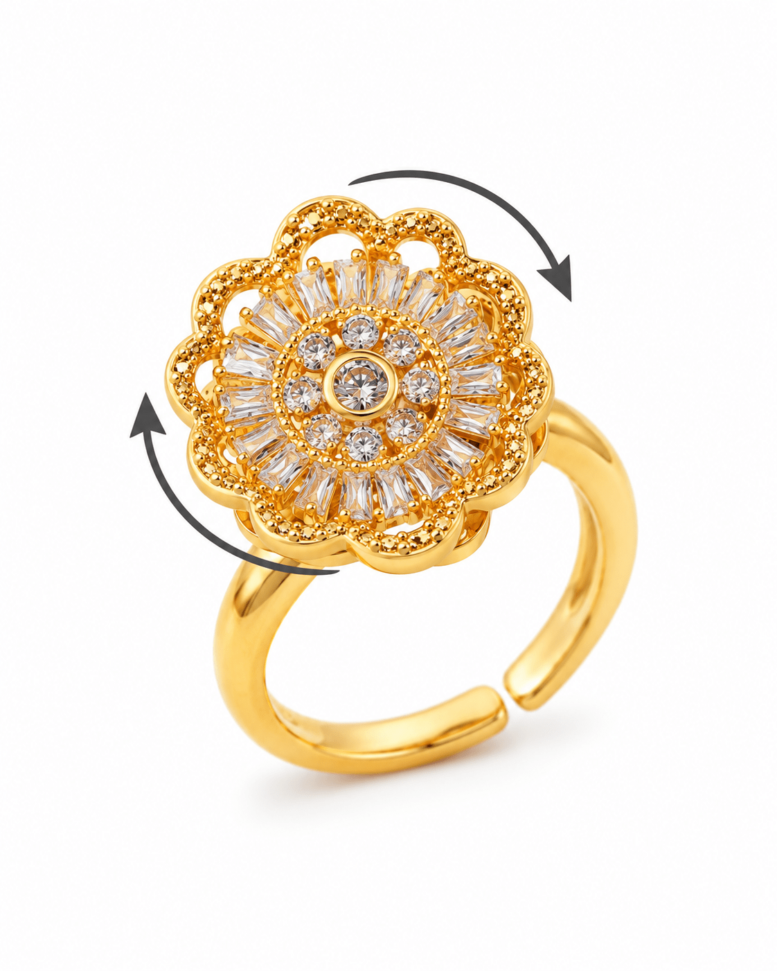Gold Scalloped Baguette Sunburst Spinner Ring - Maxiblink