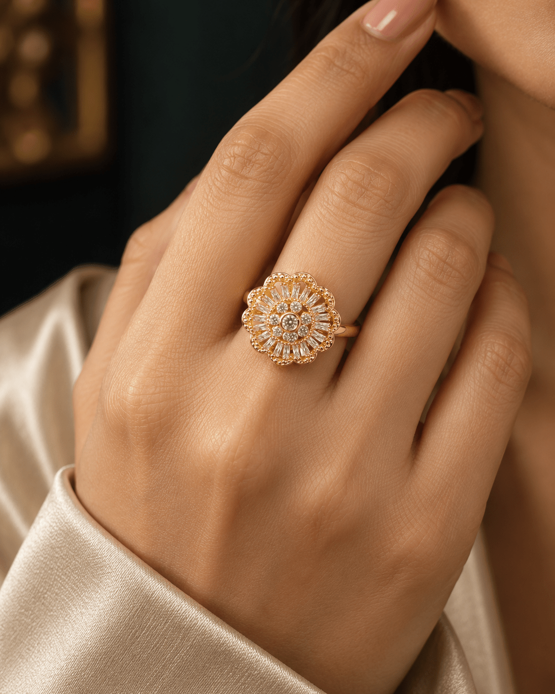 Gold Scalloped Baguette Sunburst Spinner Ring - Maxiblink