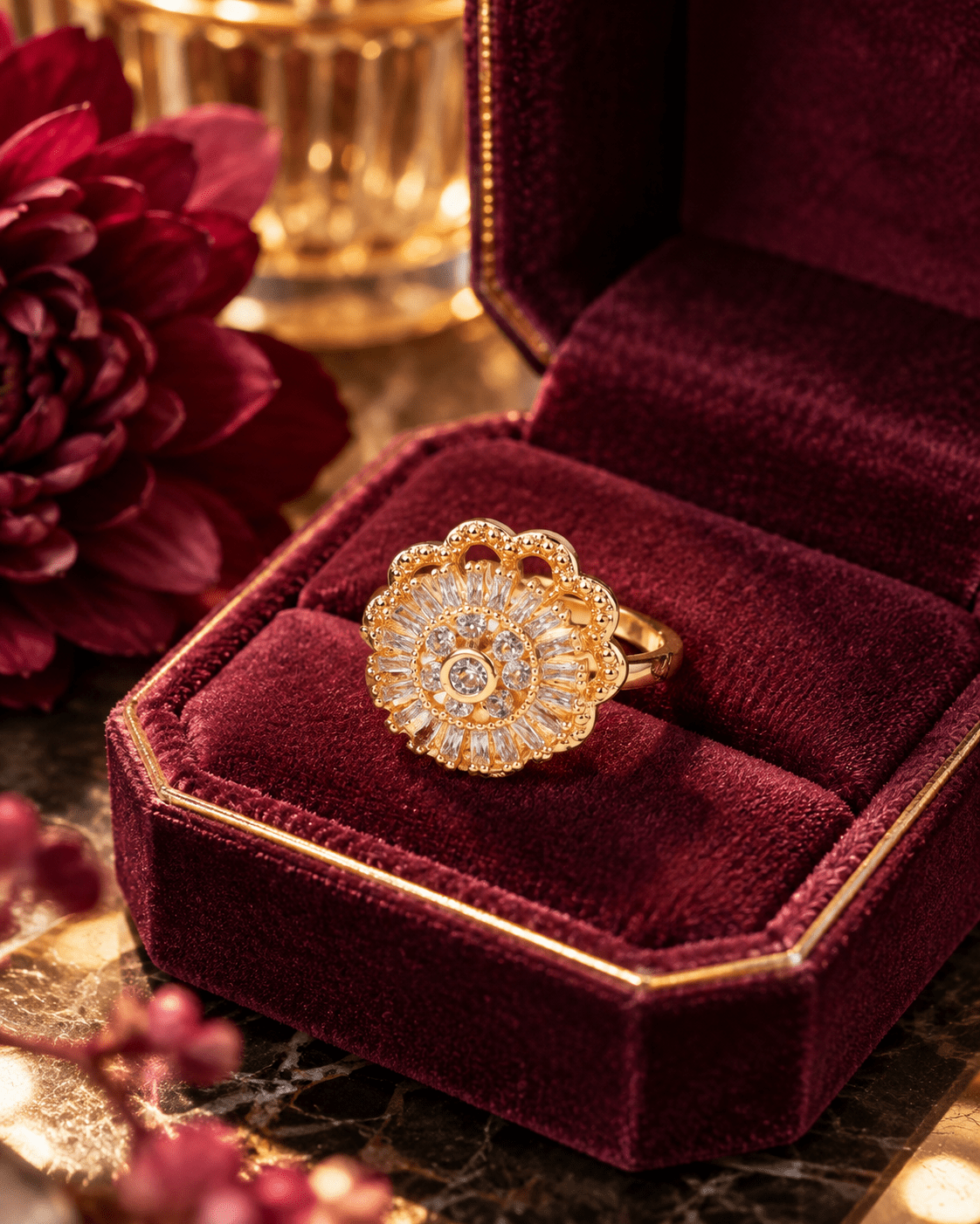 Gold Scalloped Baguette Sunburst Spinner Ring - Maxiblink