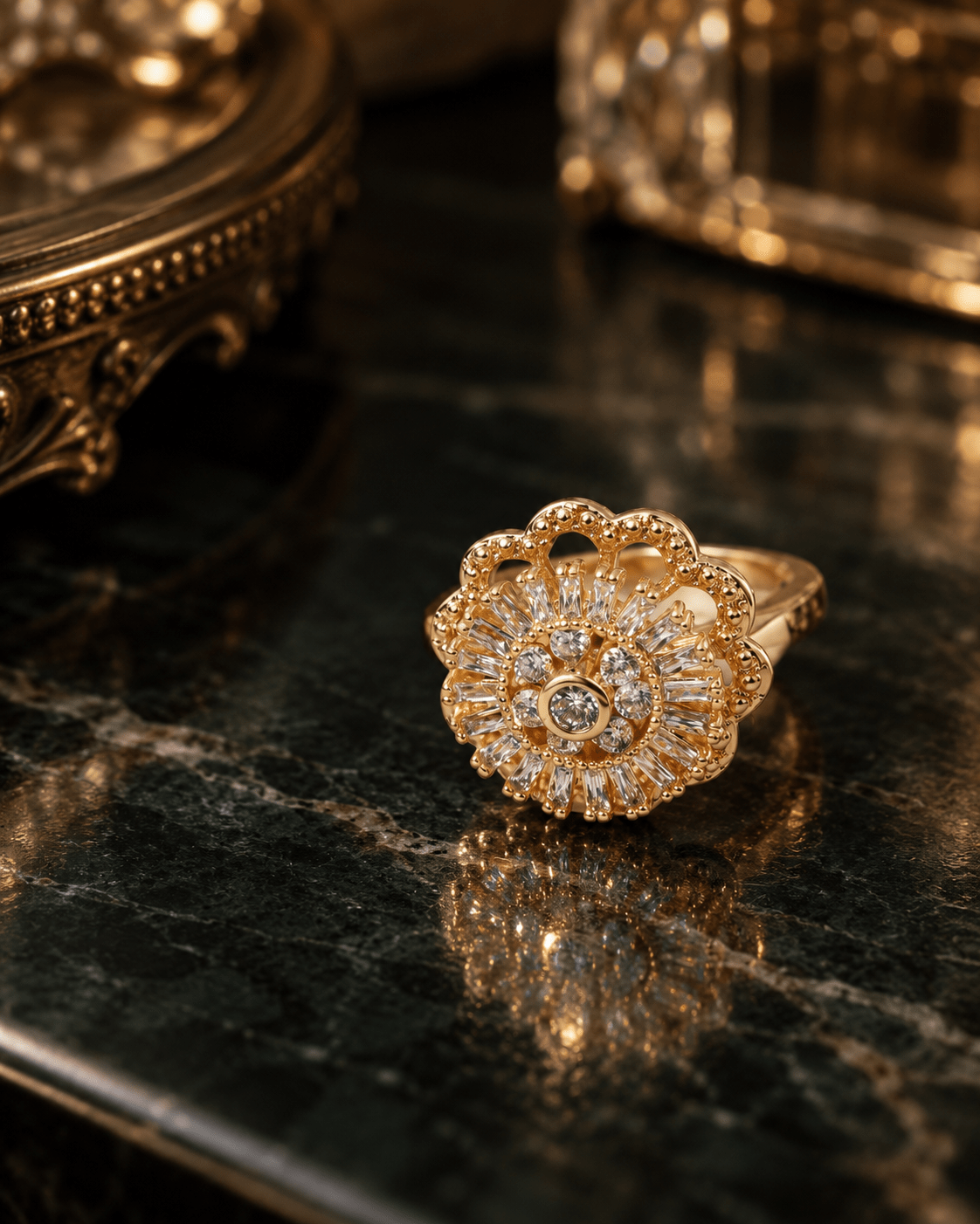 Gold Scalloped Baguette Sunburst Spinner Ring - Maxiblink