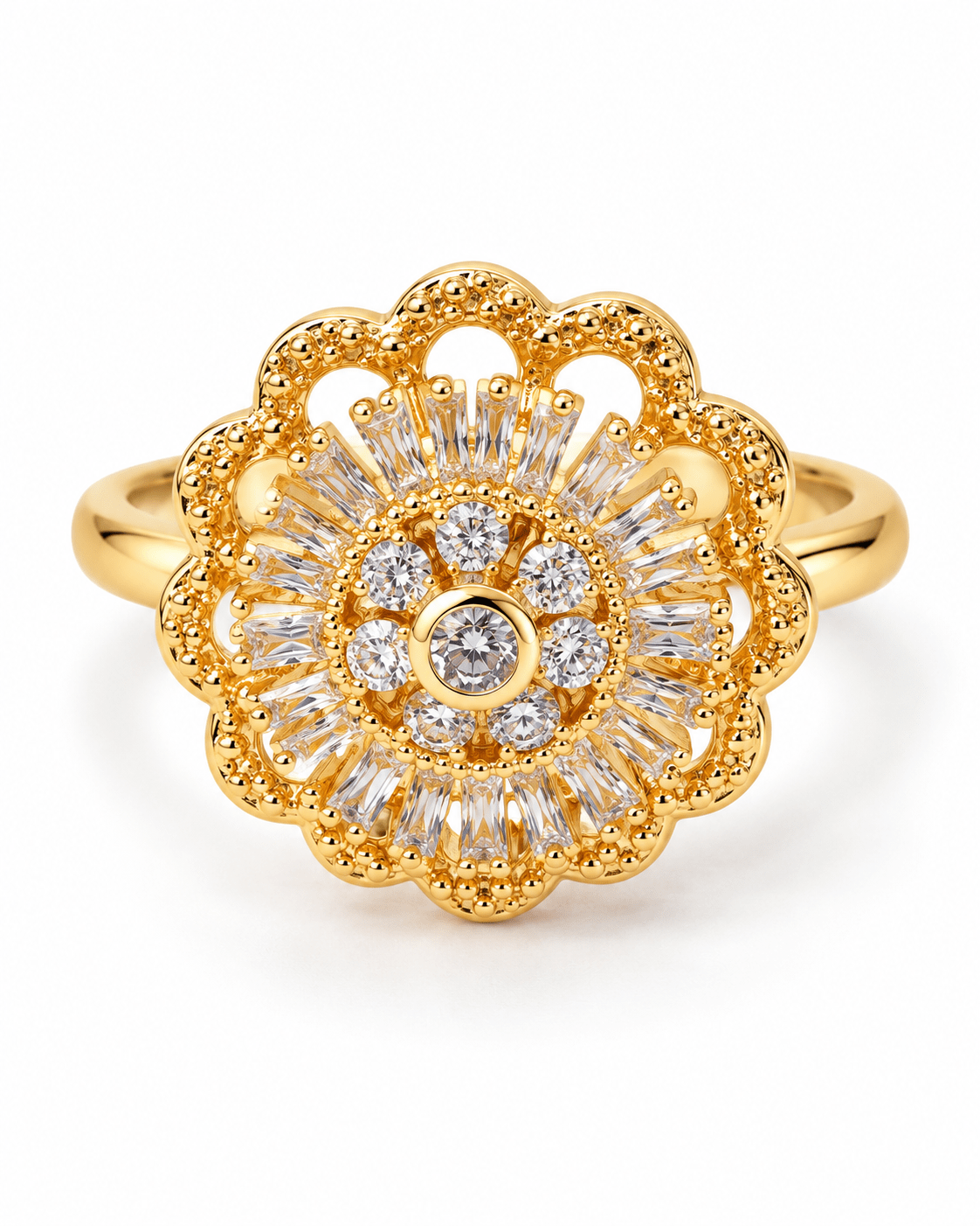 Gold Scalloped Baguette Sunburst Spinner Ring - Maxiblink