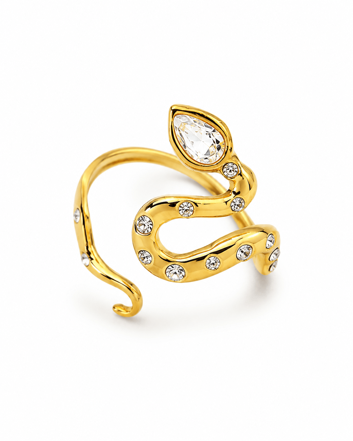 Gold Serpent Scatter-Crystal Wave Ring — anti-tarnish adjustable free-size ring, MaxiBlink demi-fine