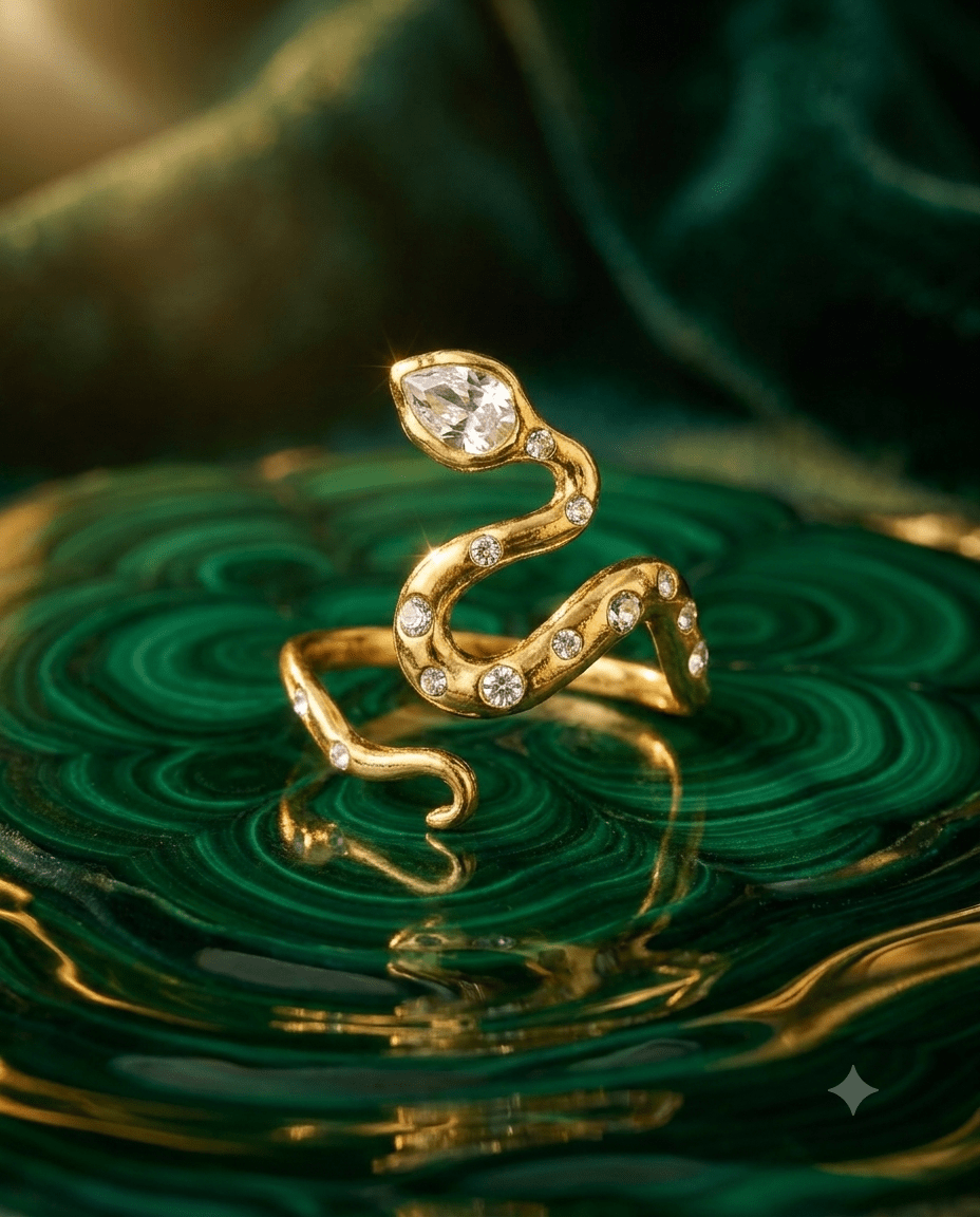 Gold Serpent Scatter-Crystal Wave Ring, free-size open band — MaxiBlink gold-plated demi-fine jewellery