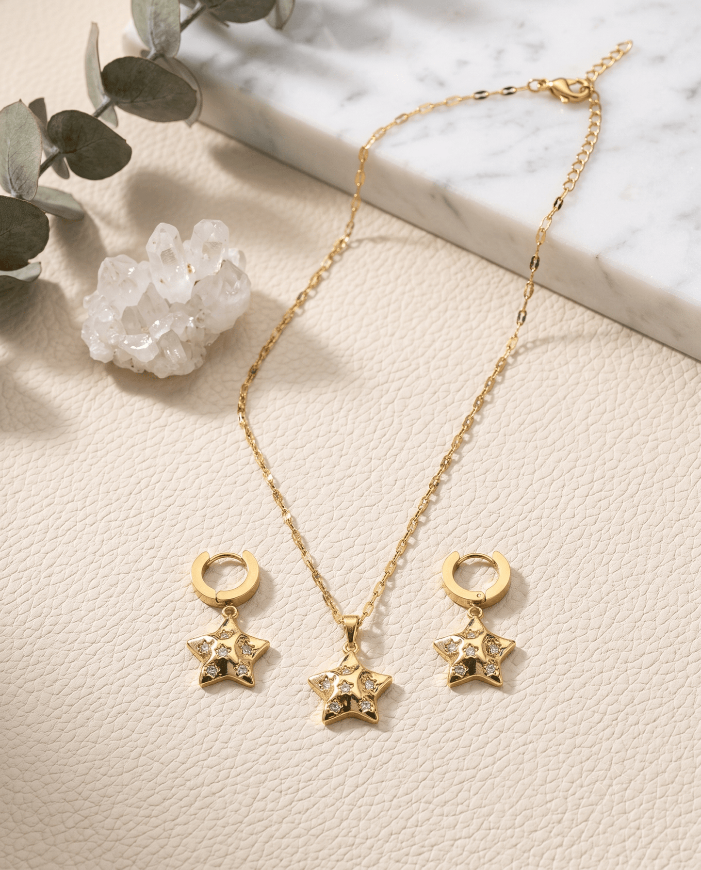 Gold Star Pendant Necklace & Earring Set