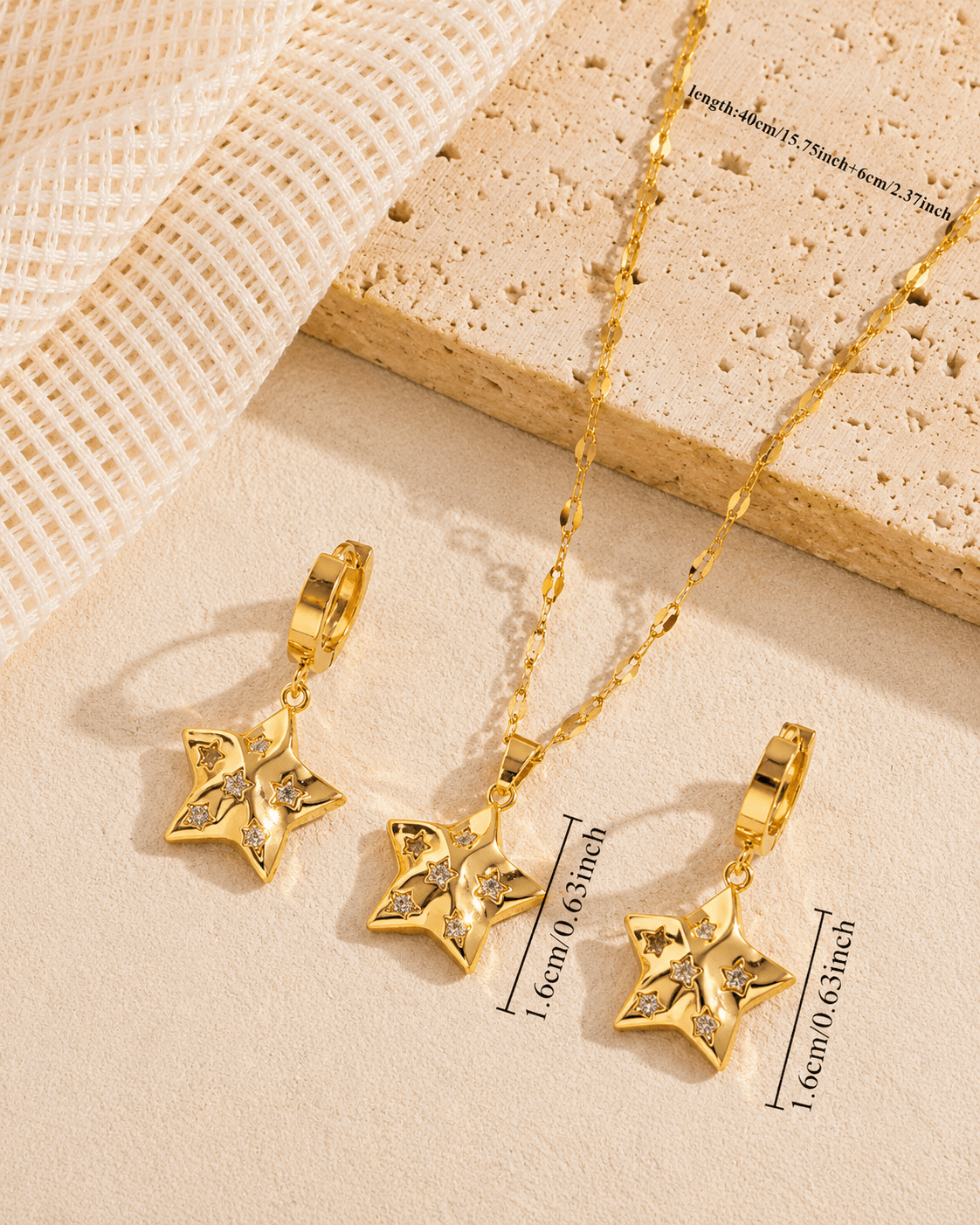 Gold Star Pendant Necklace & Earring Set