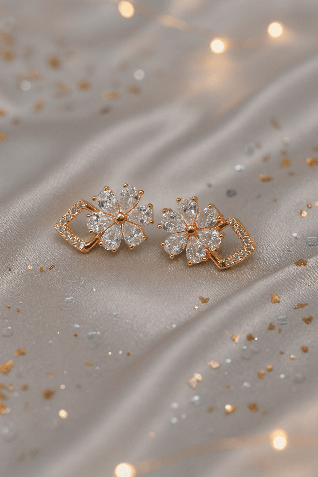 Gold - Tone Floral Sparkle Stud Earrings with Crystal Petals | Anti - Tarnish - Maxiblink