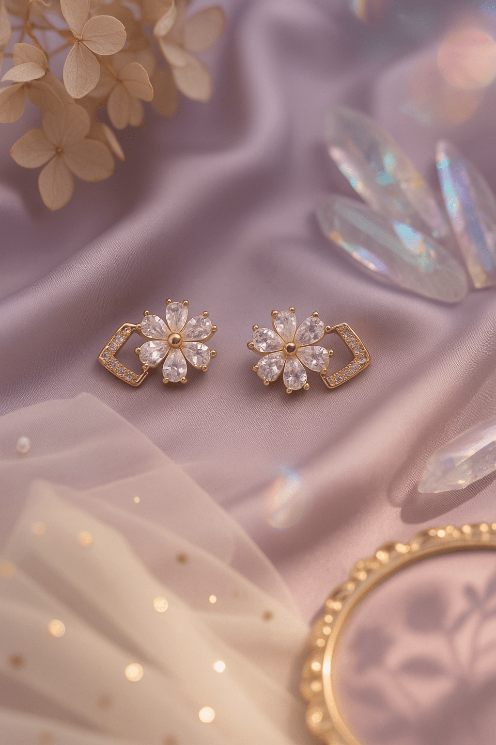 Gold - Tone Floral Sparkle Stud Earrings with Crystal Petals | Anti - Tarnish - Maxiblink