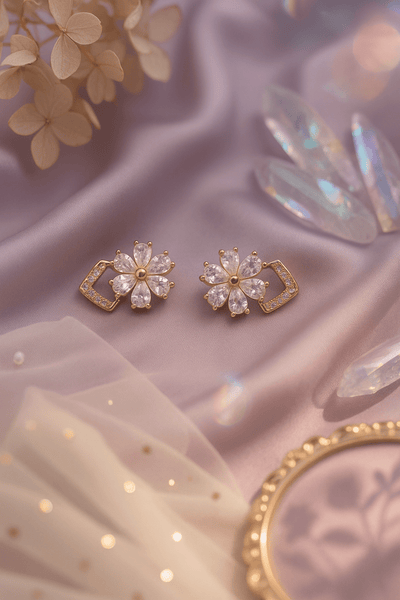 Gold - Tone Floral Sparkle Stud Earrings with Crystal Petals | Anti - Tarnish - Maxiblink