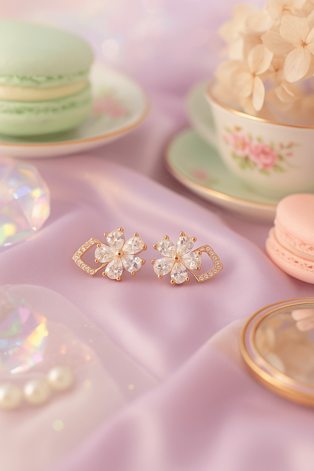Gold - Tone Floral Sparkle Stud Earrings with Crystal Petals | Anti - Tarnish - Maxiblink