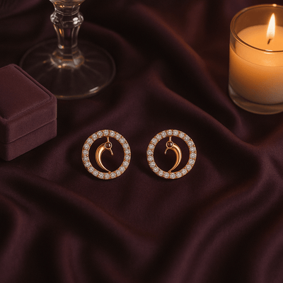 Gold - Tone Peacock Motif Round Stud Earrings with Crystal Detailing - Maxiblink