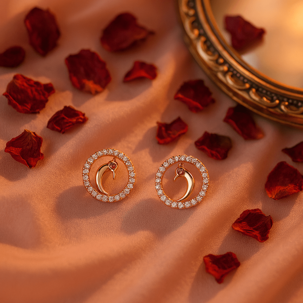 Gold - Tone Peacock Motif Round Stud Earrings with Crystal Detailing - Maxiblink