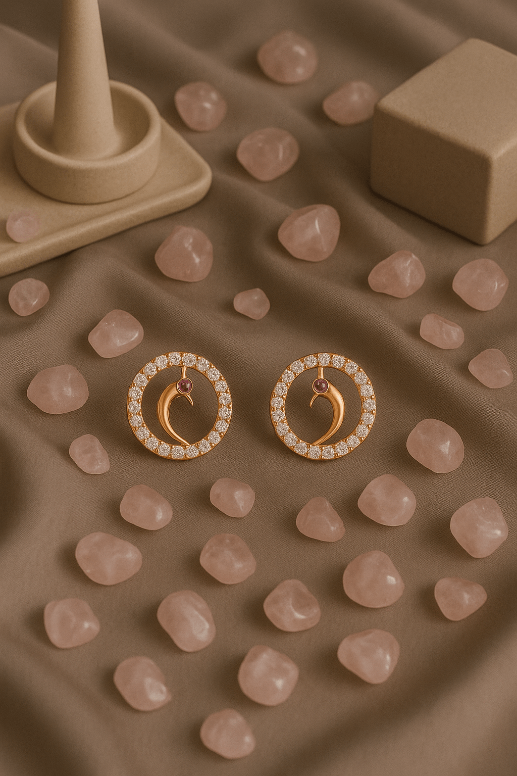 Gold - Tone Peacock Motif Round Stud Earrings with Crystal Detailing - Maxiblink