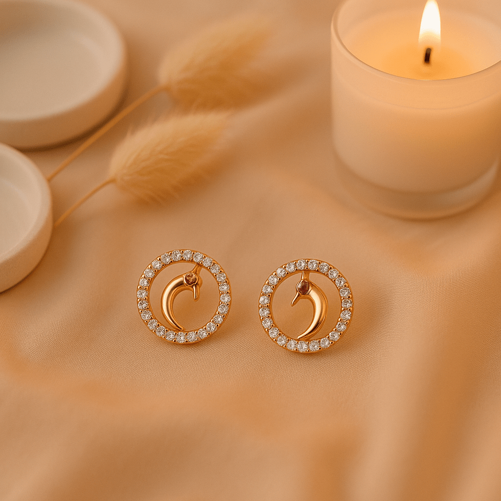 Gold - Tone Peacock Motif Round Stud Earrings with Crystal Detailing - Maxiblink